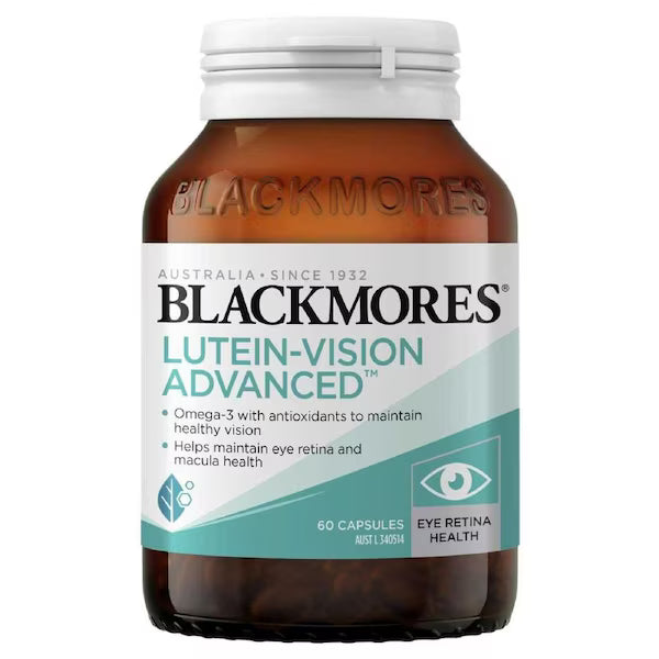 Blackmores Lutein Vision Advanced 60 Capsules, dietary supplement for eye health, packed with lutein and zeaxanthin for vision support, 60 soft gel capsules in bottle.