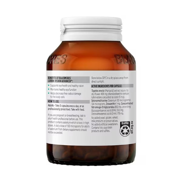 Blackmores Lutein Vision Advanced 60 Capsules, dietary supplement for eye health, packed with lutein and zeaxanthin for vision support, 60 soft gel capsules in bottle.