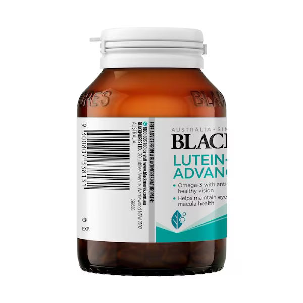 Blackmores Lutein Vision Advanced 60 Capsules, dietary supplement for eye health, packed with lutein and zeaxanthin for vision support, 60 soft gel capsules in bottle.