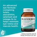 Blackmores Lutein Vision Advanced 60 Capsules, dietary supplement for eye health, packed with lutein and zeaxanthin for vision support, 60 soft gel capsules in bottle.
