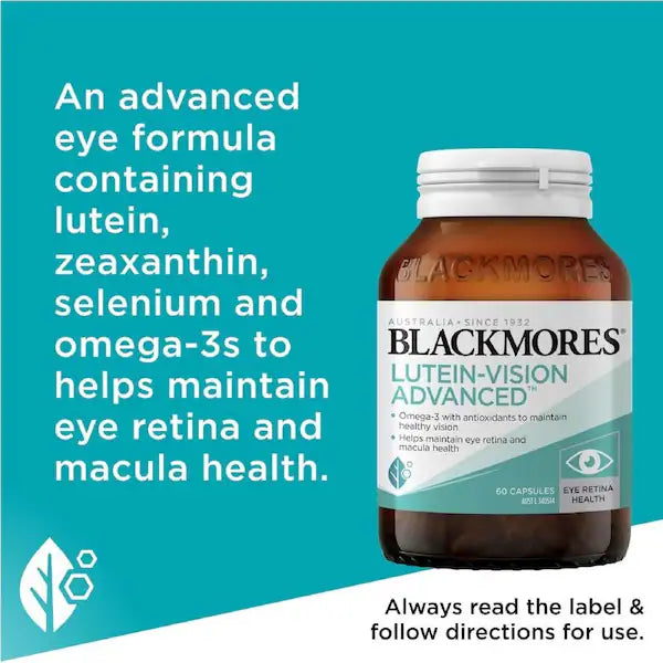 Blackmores Lutein Vision Advanced 60 Capsules, dietary supplement for eye health, packed with lutein and zeaxanthin for vision support, 60 soft gel capsules in bottle.