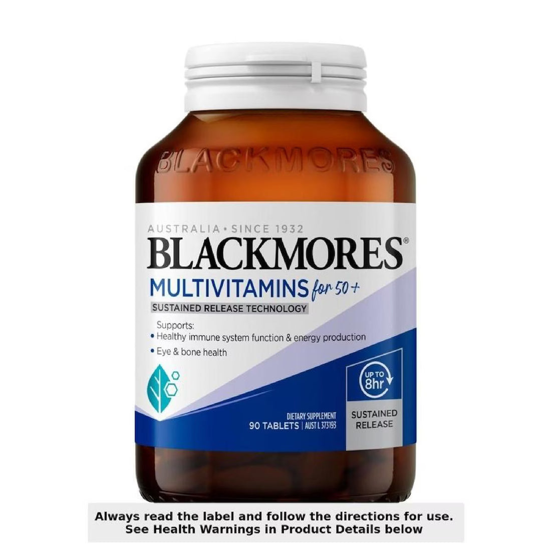 Blackmores Sustained Release Multivitamins for 50+ 90 Tablets bottle with a clear label showcasing a premium multivitamin supplement designed to support health and vitality for individuals aged 50 and over.