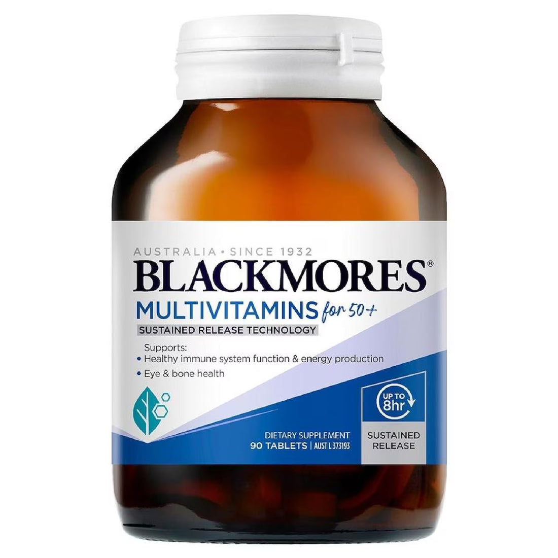 Blackmores Sustained Release Multivitamins for 50+ 90 Tablets bottle with a clear label showcasing a premium multivitamin supplement designed to support health and vitality for individuals aged 50 and over.
