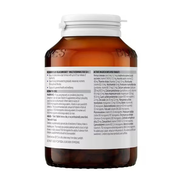 Blackmores Sustained Release Multivitamins for 50+ 90 Tablets bottle with a clear label showcasing a premium multivitamin supplement designed to support health and vitality for individuals aged 50 and over.