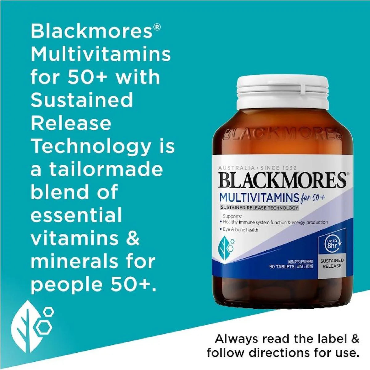 Blackmores Sustained Release Multivitamins for 50+ 90 Tablets bottle with a clear label showcasing a premium multivitamin supplement designed to support health and vitality for individuals aged 50 and over.