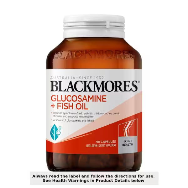 Blackmores Glucosamine + Fish Oil 90 Capsules bottle, offering joint and mobility support with a combination of glucosamine and fish oil.