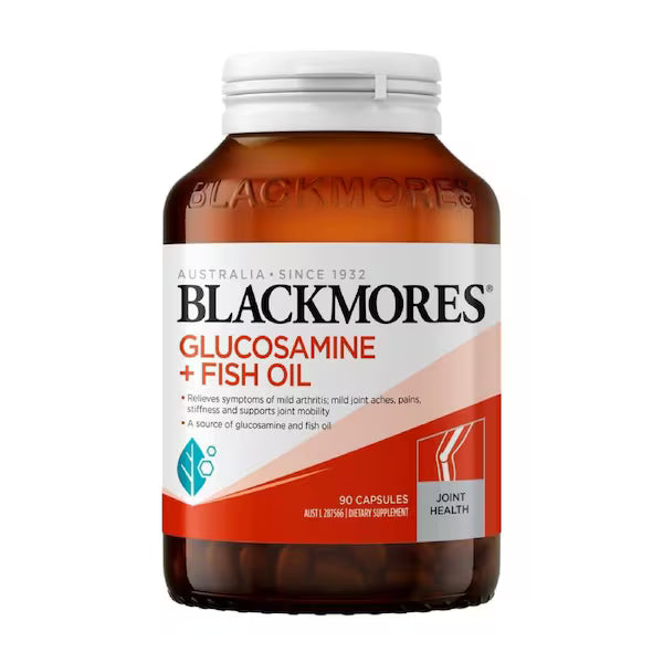 Blackmores Glucosamine + Fish Oil 90 Capsules bottle, offering joint and mobility support with a combination of glucosamine and fish oil.