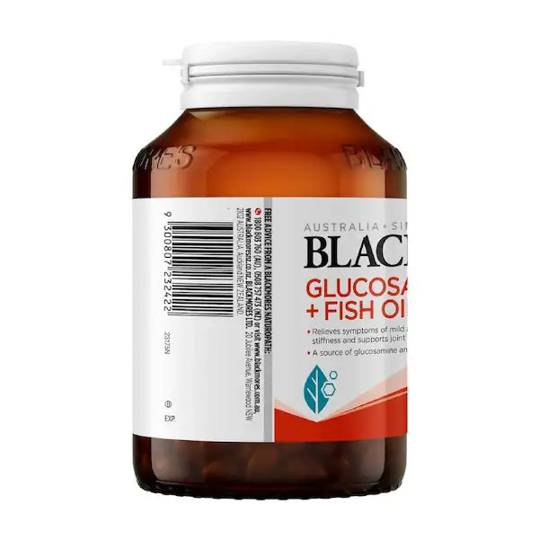 Blackmores Glucosamine + Fish Oil 90 Capsules bottle, offering joint and mobility support with a combination of glucosamine and fish oil.