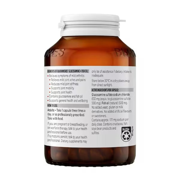 Blackmores Glucosamine + Fish Oil 90 Capsules bottle, offering joint and mobility support with a combination of glucosamine and fish oil.