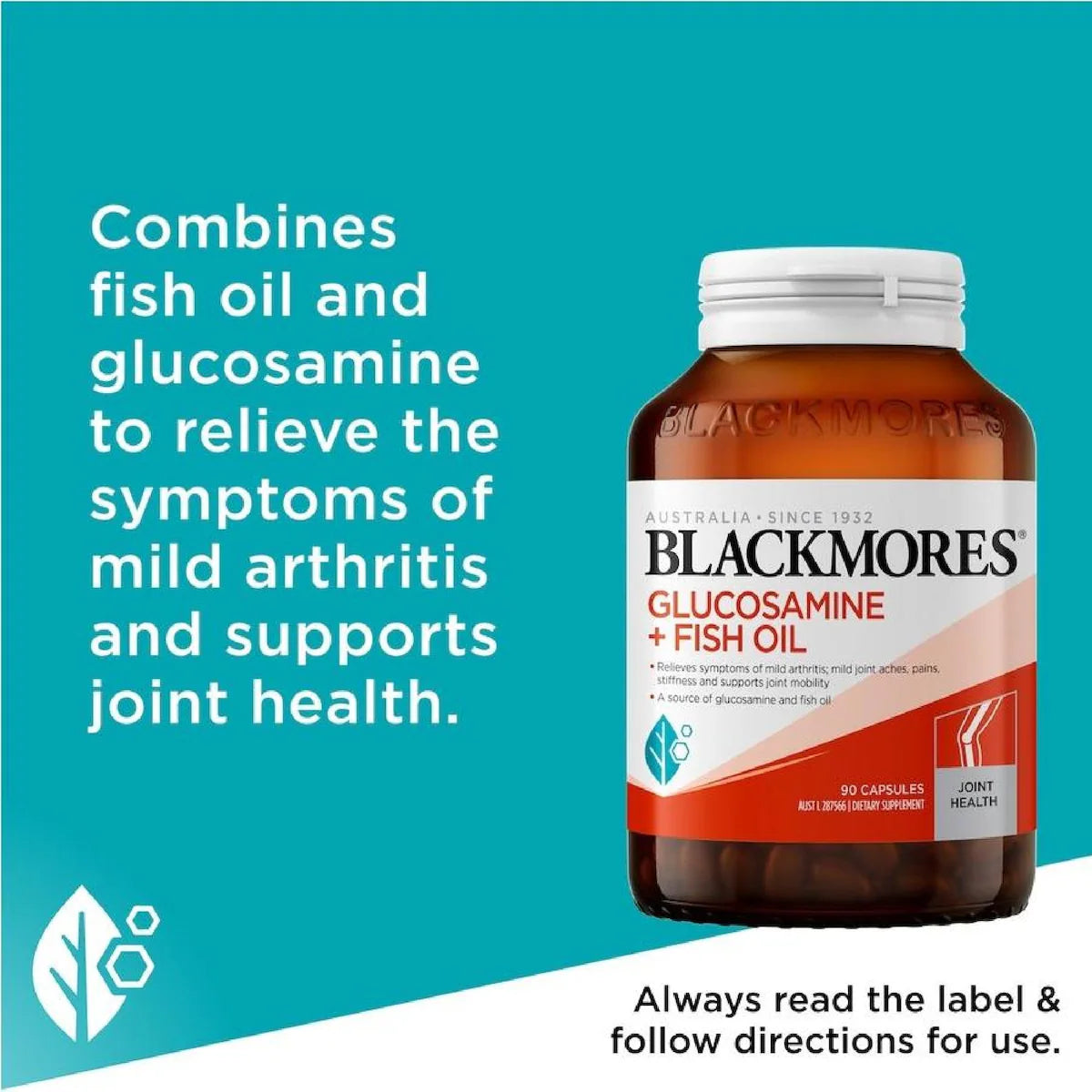 Blackmores Glucosamine + Fish Oil 90 Capsules bottle, offering joint and mobility support with a combination of glucosamine and fish oil.