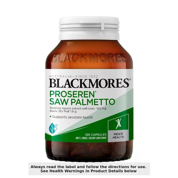 Blackmores Proseren Saw Palmetto Prostate Support 120 Capsules bottle with a white label featuring product details, designed to support prostate health.