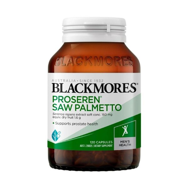 Blackmores Proseren Saw Palmetto Prostate Support 120 Capsules bottle with a white label featuring product details, designed to support prostate health.