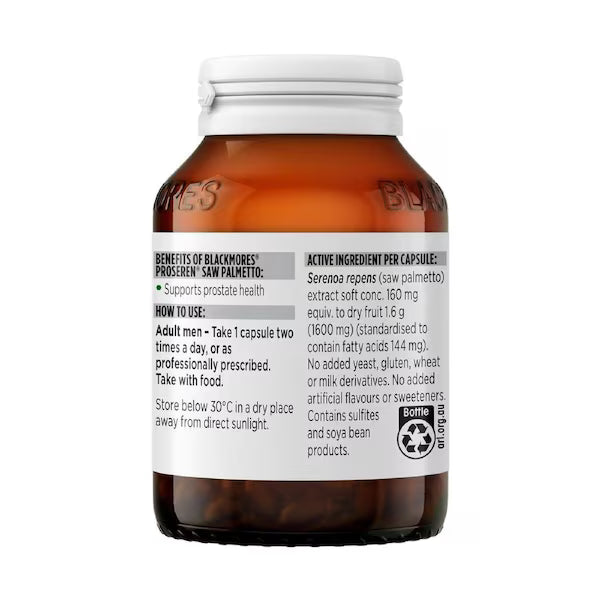Blackmores Proseren Saw Palmetto Prostate Support 120 Capsules bottle with a white label featuring product details, designed to support prostate health.