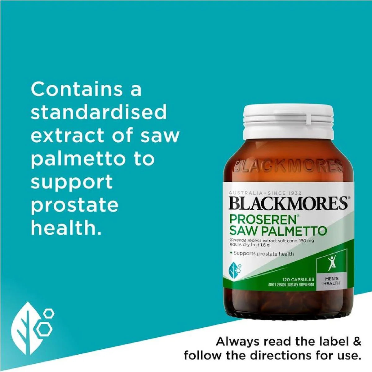 Blackmores Proseren Saw Palmetto Prostate Support 120 Capsules bottle with a white label featuring product details, designed to support prostate health.