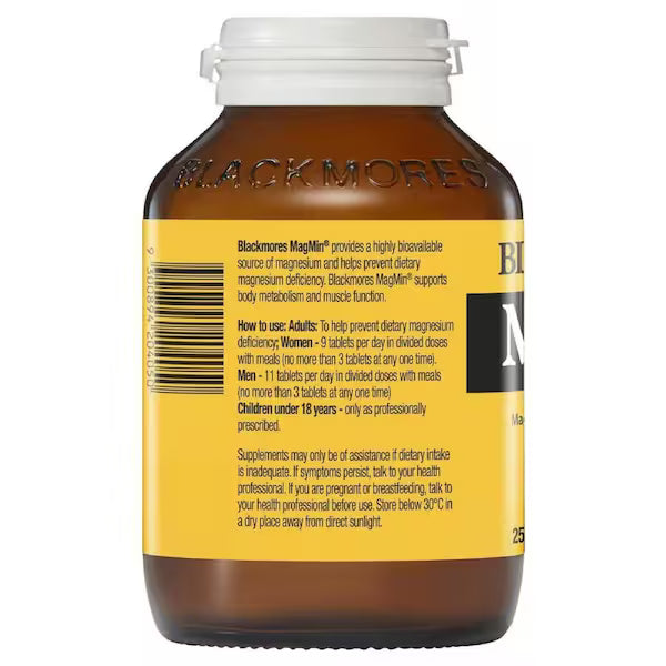 Blackmores MagMin 500mg 250 Tablets – Magnesium supplement bottle for muscle function and relaxation