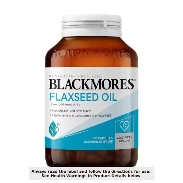 Blackmores Flaxseed Oil 100 Vege Capsules bottle with a clean, modern design showcasing a natural supplement for health benefits.