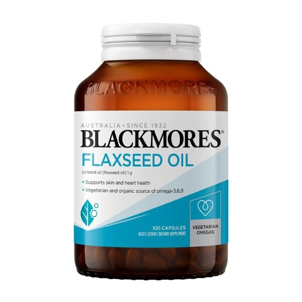 Blackmores Flaxseed Oil 100 Vege Capsules bottle with a clean, modern design showcasing a natural supplement for health benefits.