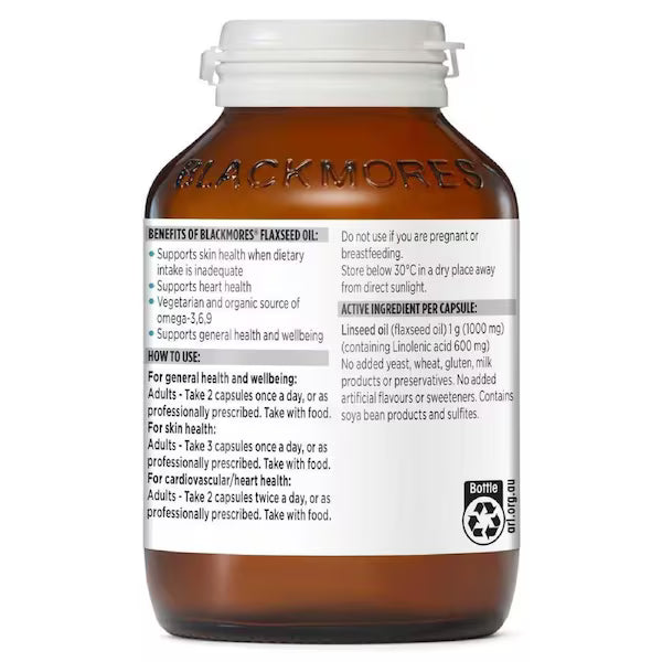 Blackmores Flaxseed Oil 100 Vege Capsules bottle with a clean, modern design showcasing a natural supplement for health benefits.