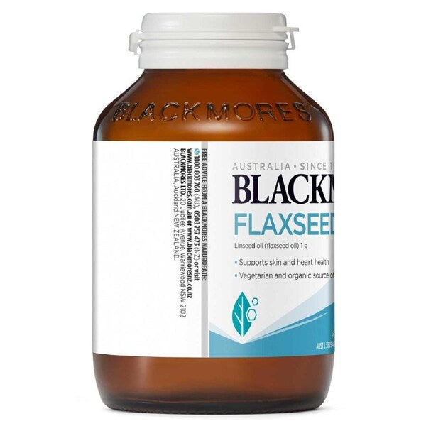 Blackmores Flaxseed Oil 100 Vege Capsules bottle with a clean, modern design showcasing a natural supplement for health benefits.