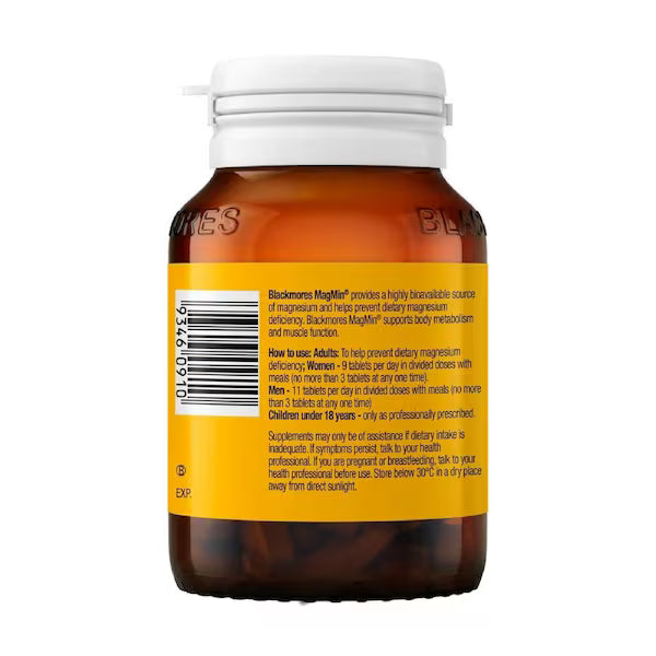 Blackmores MagMin 500mg 100 Tablets bottle showing the front packaging with product details.