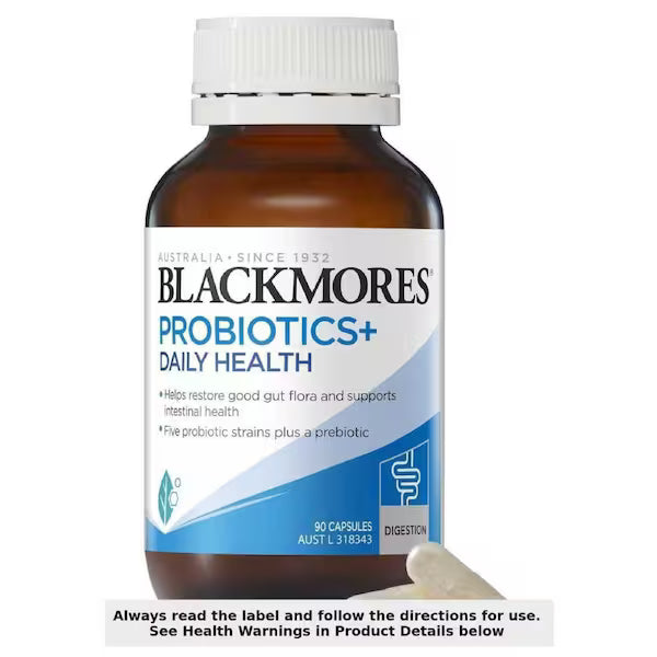 Blackmores Probiotics + Daily Health 90 Capsules - A bottle containing 90 capsules of daily probiotics designed to support digestive health and immune function.