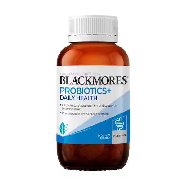 Blackmores Probiotics + Daily Health 90 Capsules bottle with label showcasing a daily probiotic supplement designed to support digestive health, immune function, and overall well-being.