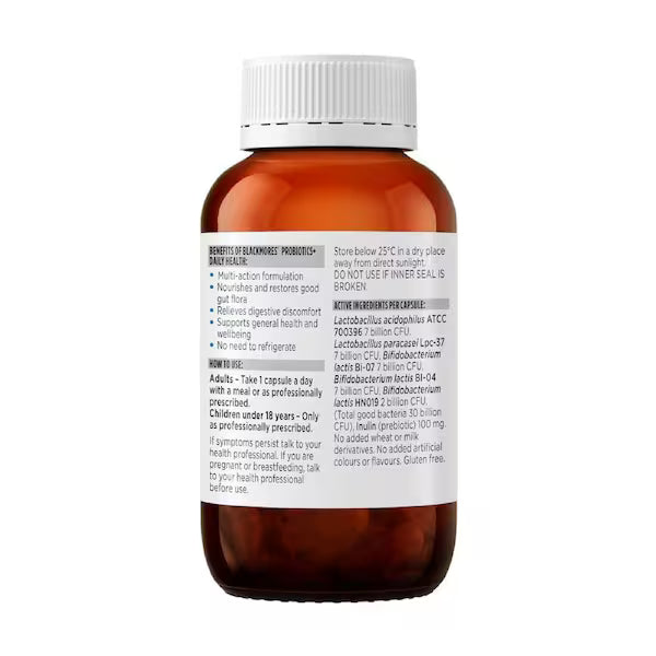 Blackmores Probiotics + Daily Health 90 Capsules bottle with label showcasing a daily probiotic supplement designed to support digestive health, immune function, and overall well-being.