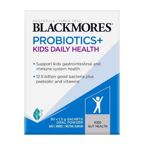 Blackmores Probiotics + Kids Daily Health 30 Sachets packaging featuring a vibrant design, ideal for supporting children's digestive health and immune system with daily probiotic supplementation.