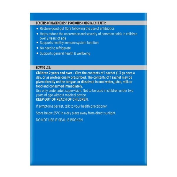 Blackmores Probiotics + Kids Daily Health 30 Sachets packaging featuring a vibrant design, ideal for supporting children's digestive health and immune system with daily probiotic supplementation.