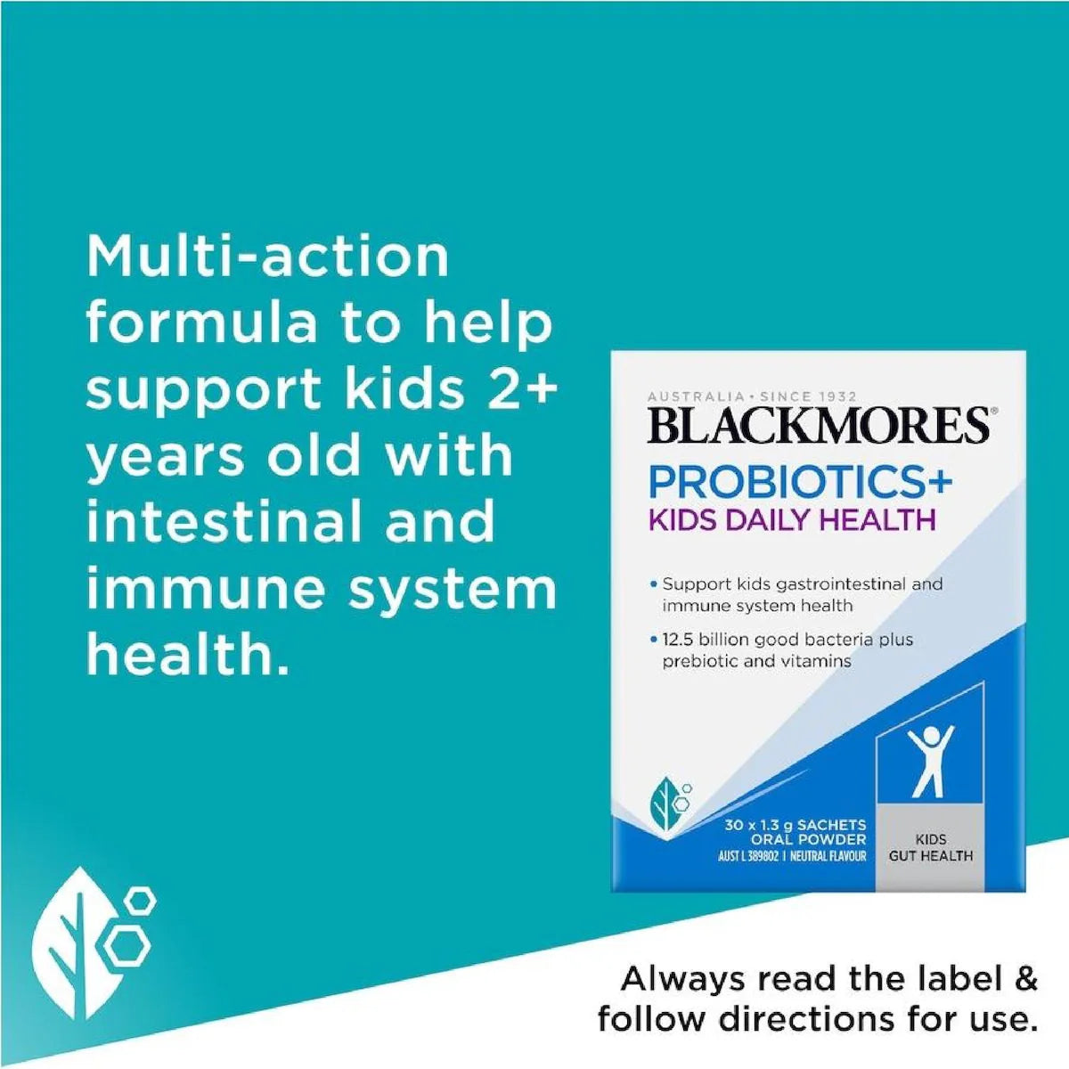 Blackmores Probiotics + Kids Daily Health 30 Sachets packaging featuring a vibrant design, ideal for supporting children's digestive health and immune system with daily probiotic supplementation.