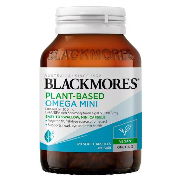 Blackmores Plant Based Omega Mini 120 Capsules, vegan-friendly omega supplement, promotes heart and brain health