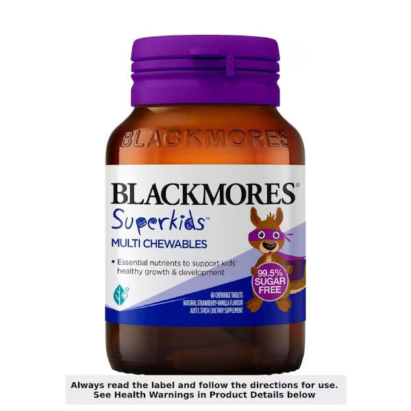 Blackmores Superkids Multi Chewables 60 Tablets, a dietary supplement with essential vitamins and minerals for children's growth and development.