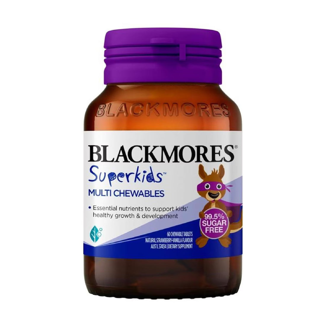Blackmores Superkids Multi Chewables 60 Tablets, a dietary supplement with essential vitamins and minerals for children's growth and development.