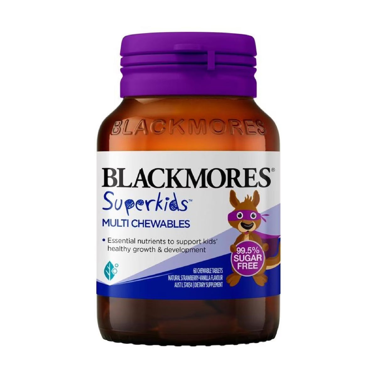 Blackmores Superkids Multi Chewables 60 Tablets, a dietary supplement with essential vitamins and minerals for children's growth and development.