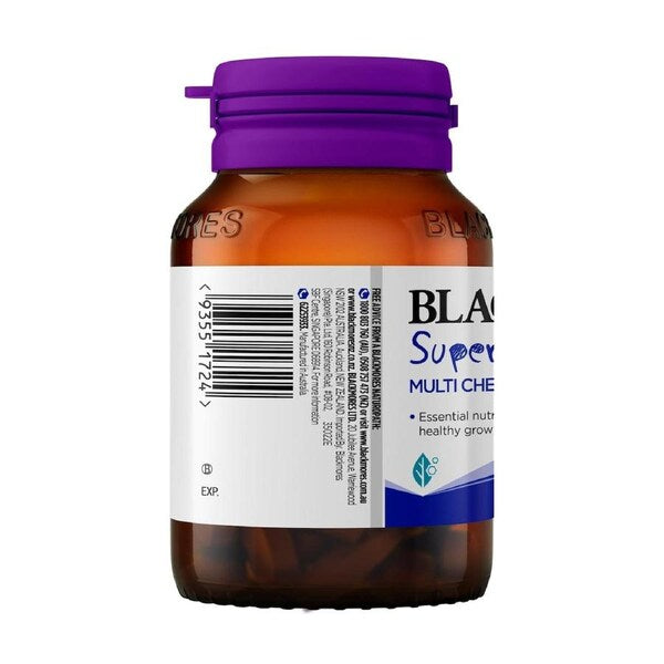 Blackmores Superkids Multi Chewables 60 Tablets, a dietary supplement with essential vitamins and minerals for children's growth and development.