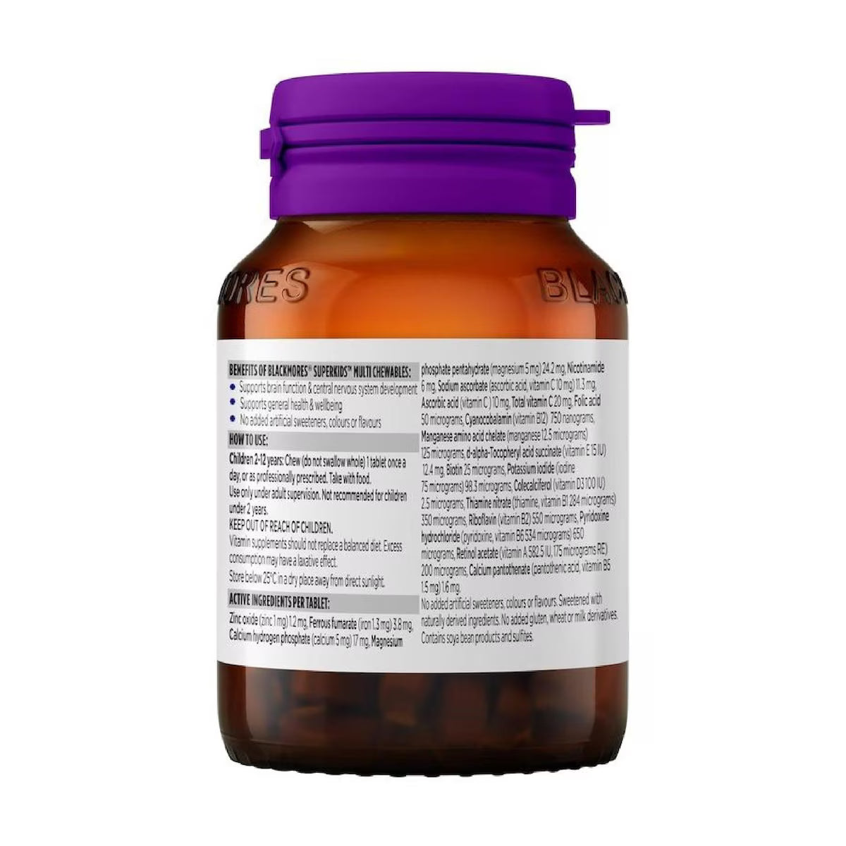 Blackmores Superkids Multi Chewables 60 Tablets, a dietary supplement with essential vitamins and minerals for children's growth and development.