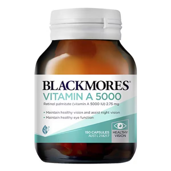 Blackmores Vitamin A 5000IU 150 Capsules – High-quality vitamin A supplement for skin health, immune support, and eye care. Pack of 150 easy-to-swallow capsules.