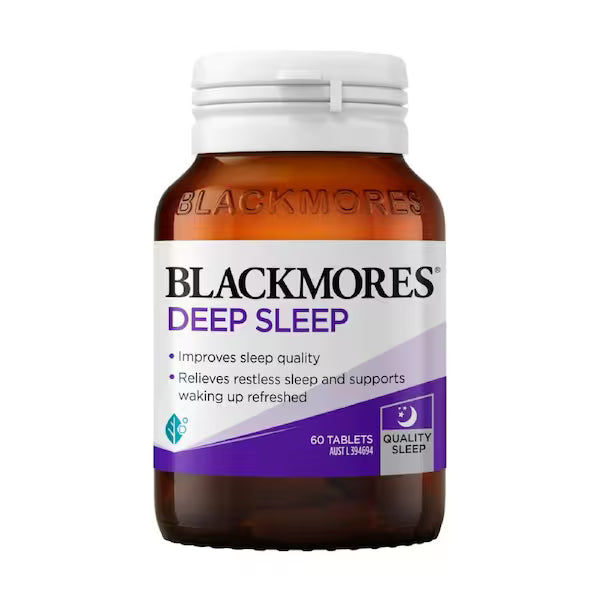 Blackmores Deep Sleep 60 Tablets, a natural sleep aid supplement designed to promote restful sleep and improve overall sleep quality.