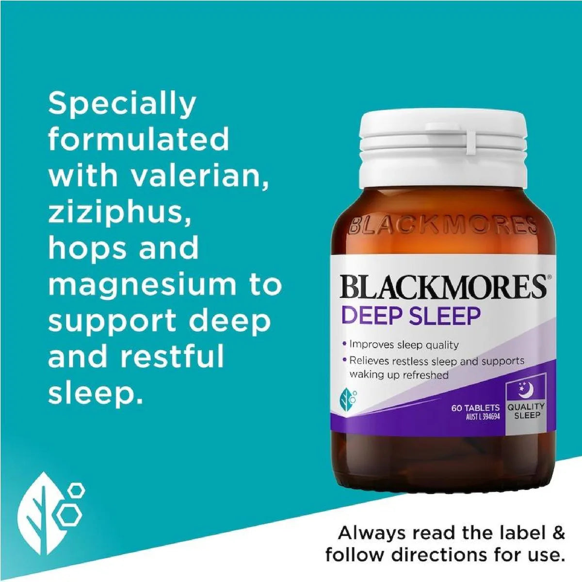 Blackmores Deep Sleep 60 Tablets, a natural sleep aid supplement designed to promote restful sleep and improve overall sleep quality.