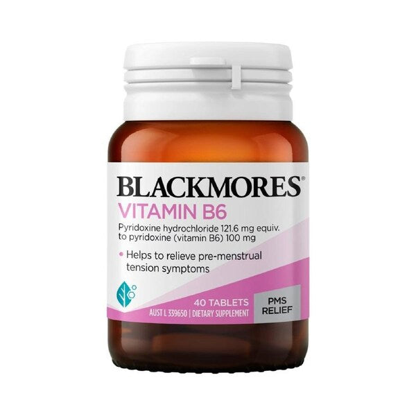 Blackmores Vitamin B6 100mg 40 Tablets bottle for energy, immune support, and overall wellness.