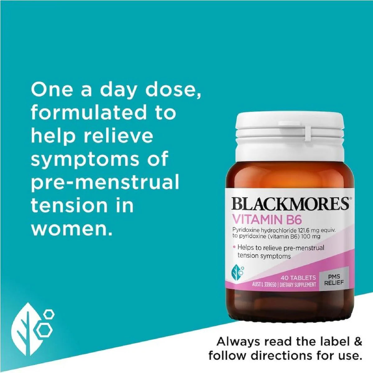 Blackmores Vitamin B6 100mg 40 Tablets bottle for energy, immune support, and overall wellness.