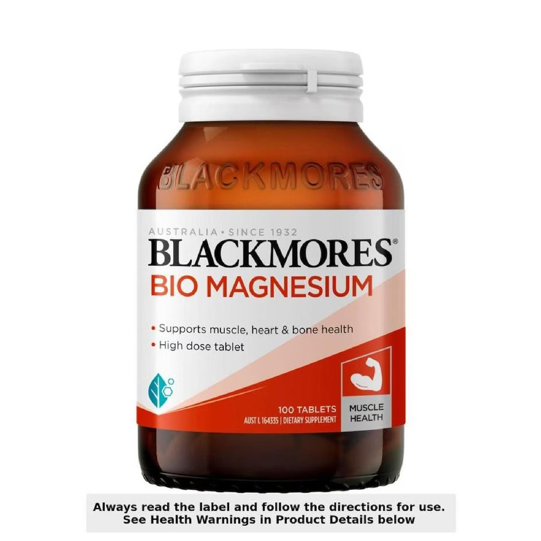 Blackmores Bio Magnesium 100 Tablets packaging with a clean, simple design showcasing the product details, highlighting the 100 tablets for magnesium supplementation.