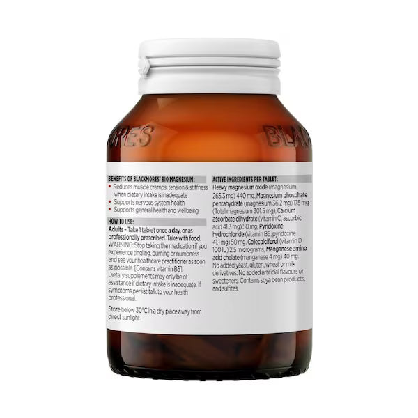 Blackmores Bio Magnesium 100 Tablets packaging with a clean, simple design showcasing the product details, highlighting the 100 tablets for magnesium supplementation.
