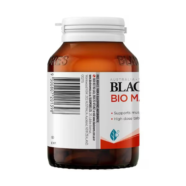 Blackmores Bio Magnesium 100 Tablets packaging with a clean, simple design showcasing the product details, highlighting the 100 tablets for magnesium supplementation.