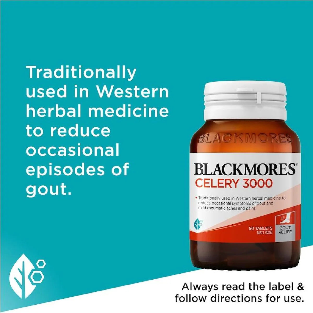 Blackmores Celery 3000 50 Tablets bottle, dietary supplement for joint and muscle health, front view.