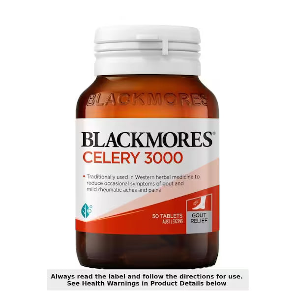 Blackmores Celery 3000 50 Tablets bottle, dietary supplement for joint and muscle health, front view.