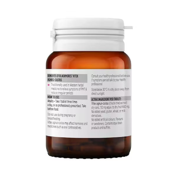 Blackmores Vitex Agnus Castus 40 Tablets, a natural supplement for women's health, supporting hormonal balance and menstrual cycle regulation.