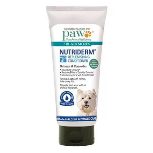 Blackmores PAW NutriDerm Replenishing Conditioner 200ml is a high-quality pet care product designed to restore and nourish your pet's coat. This 200ml bottle of conditioner helps replenish moisture, enhance coat softness, and improve skin health.