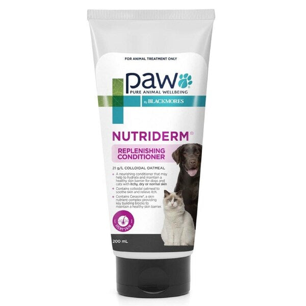 Blackmores PAW NutriDerm Replenishing Conditioner 200ml is a high-quality pet care product designed to restore and nourish your pet's coat. This 200ml bottle of conditioner helps replenish moisture, enhance coat softness, and improve skin health.
