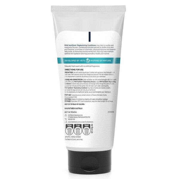 Blackmores PAW NutriDerm Replenishing Conditioner 200ml is a high-quality pet care product designed to restore and nourish your pet's coat. This 200ml bottle of conditioner helps replenish moisture, enhance coat softness, and improve skin health.